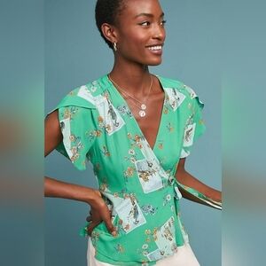 Anthropologie Meadow Rue Voyage Floral Green Wrap Blouse, Size 2